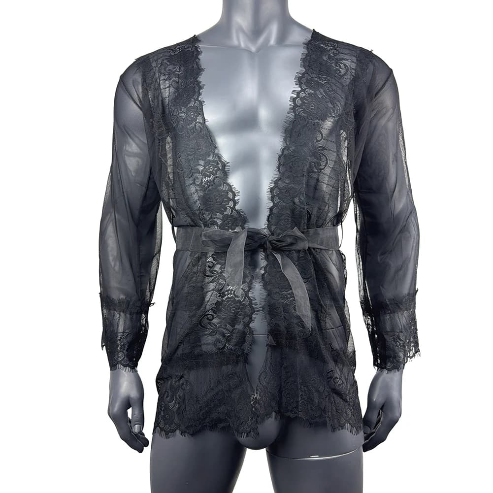 Men's Wide Bathrobe Solid Lingerie Lace Nightwear Transparent jersey Nightwear Erotic Lingerie
