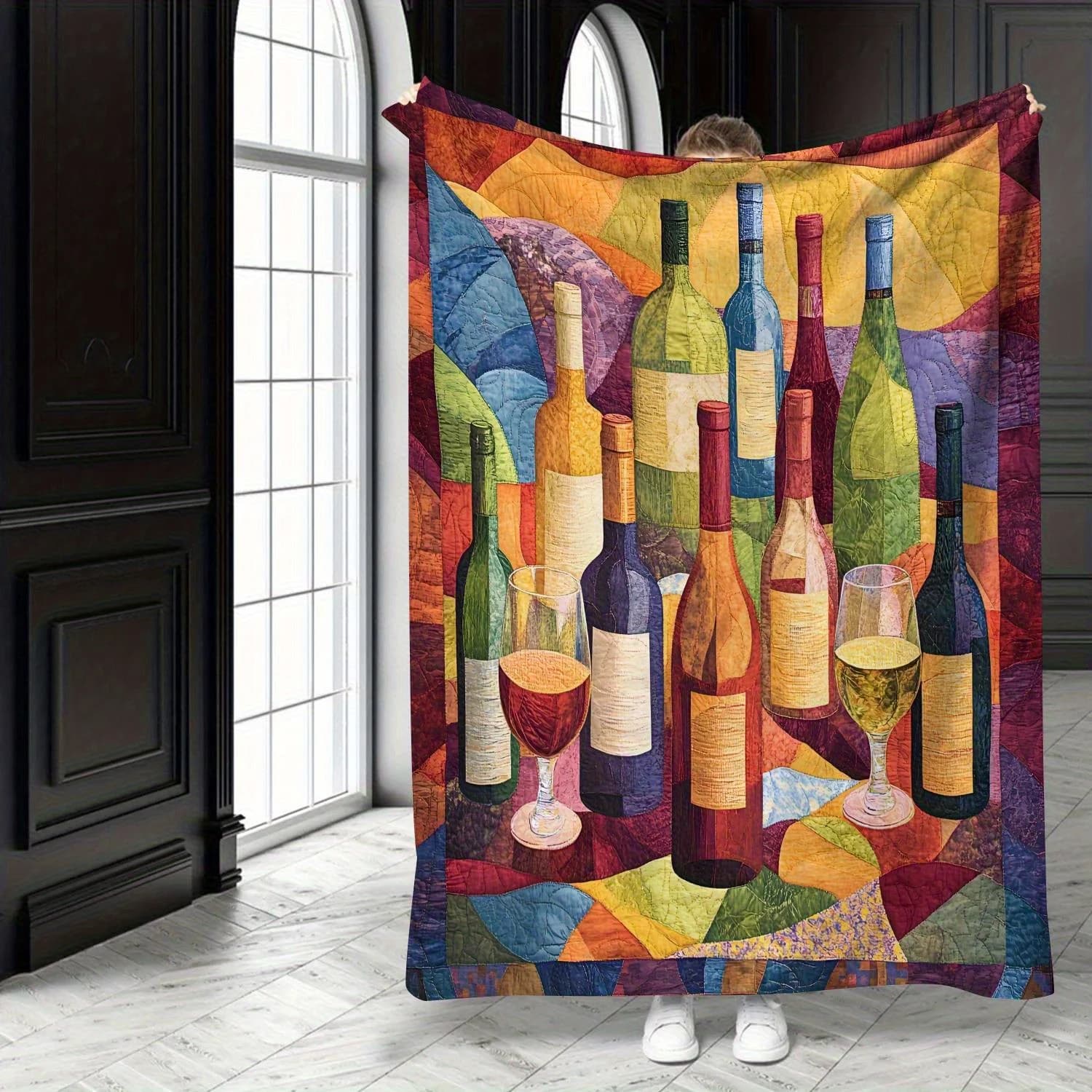 Colorful wine bottle pattern Flannel printed blanket suitable for all seasons suitable for living room office sofa and travel