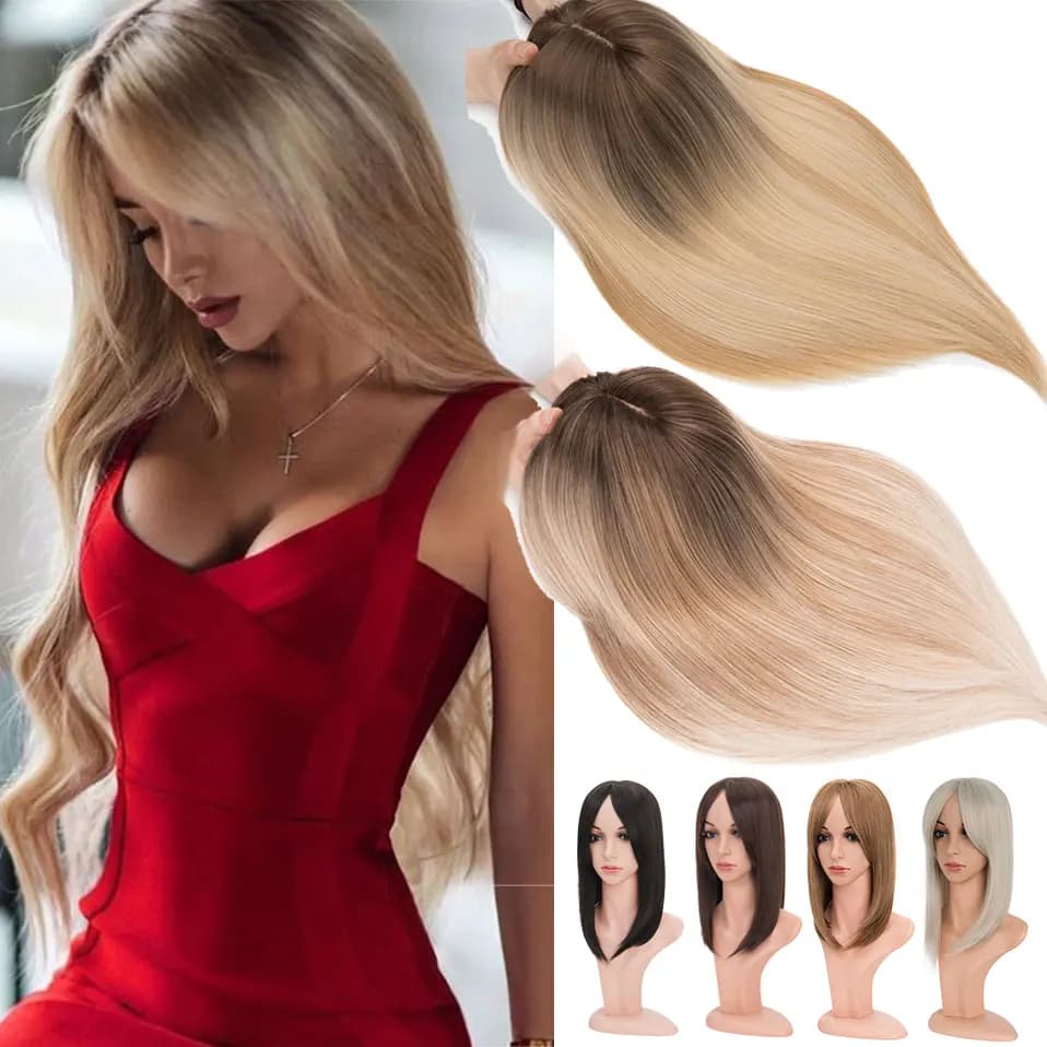 Snoilite Synthetic 14'' Striaght Hair Toppers with Bangs for Women Natural Hairpieces Adding Hair Volume Topper Hair Extensions