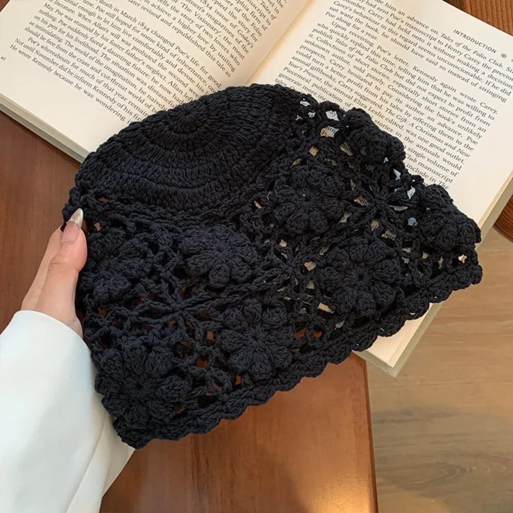 Ins Hollow Women Bald Hat 3D Flower Hand Hook Candy Knitted Hat Spring and Summer Crochet Beanie Cap
