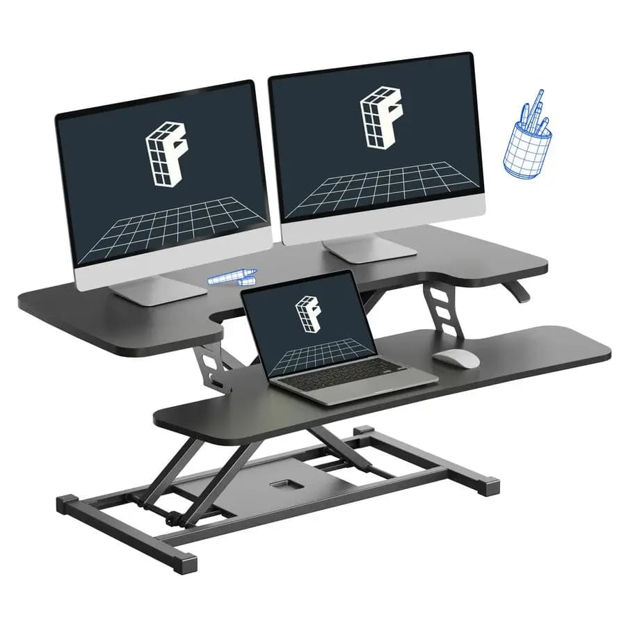 36 inch height adjustable desk converter, sit-stand work station, double monitor and laptop support with large keyboard