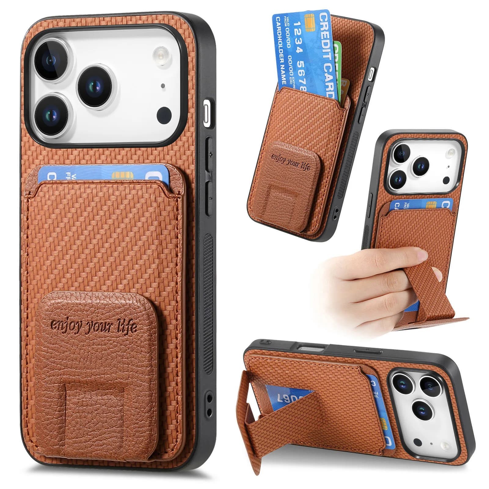 Wallet leather case with magnetic card fiber pattern for iPhone 17 Pro Max 16 Plus 15 Plus 14 13 Cover with slim fit invisible stand