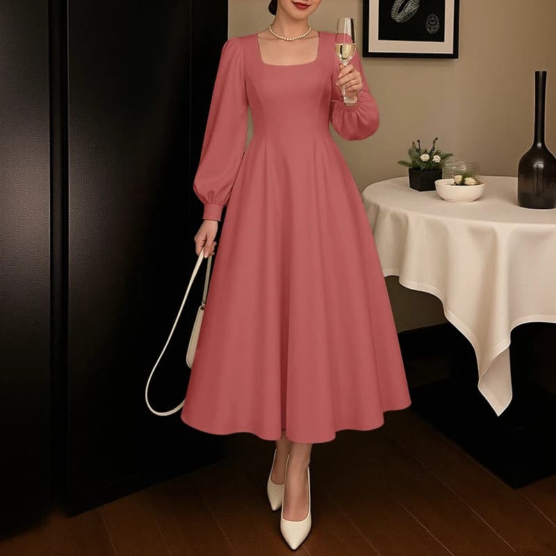 ZANZEA Donne Eleganti Colletto Quadrato Vestito Da Partito Lungo 2025 Autunno Manica Lunga A Soffio Abiti Da Sposa Casual di Colore Solido Midi Robe