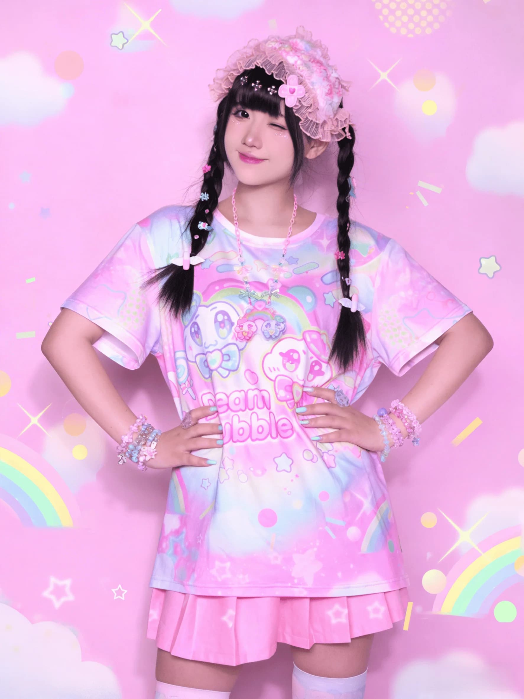 2026 Macaron World Rainbow Cloud Full Print Contrasting Color T-shirt New Y2k Summer Harajuku Style Children/adult Oversized Top