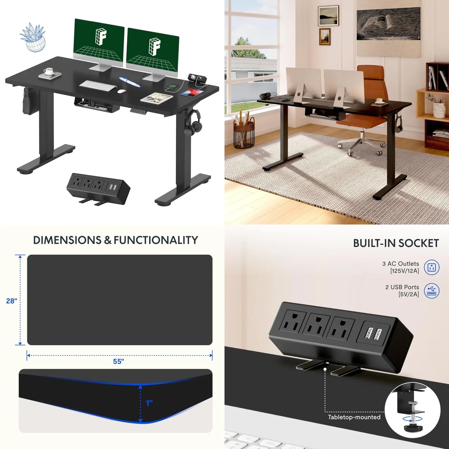 Scrivania Elettrica Regolabile in Altezza con Presa di Corrente a Morsetto e Gestione Cavi, 55 x 28 Pollici per Ufficio Domestico, Personalizzabile