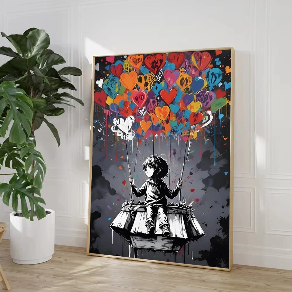 Graffiti Art Balloon Child Canvas Painting Abstract Street Art Wall Poster Print Love Artwork Picture Boy and Girl Home Decor