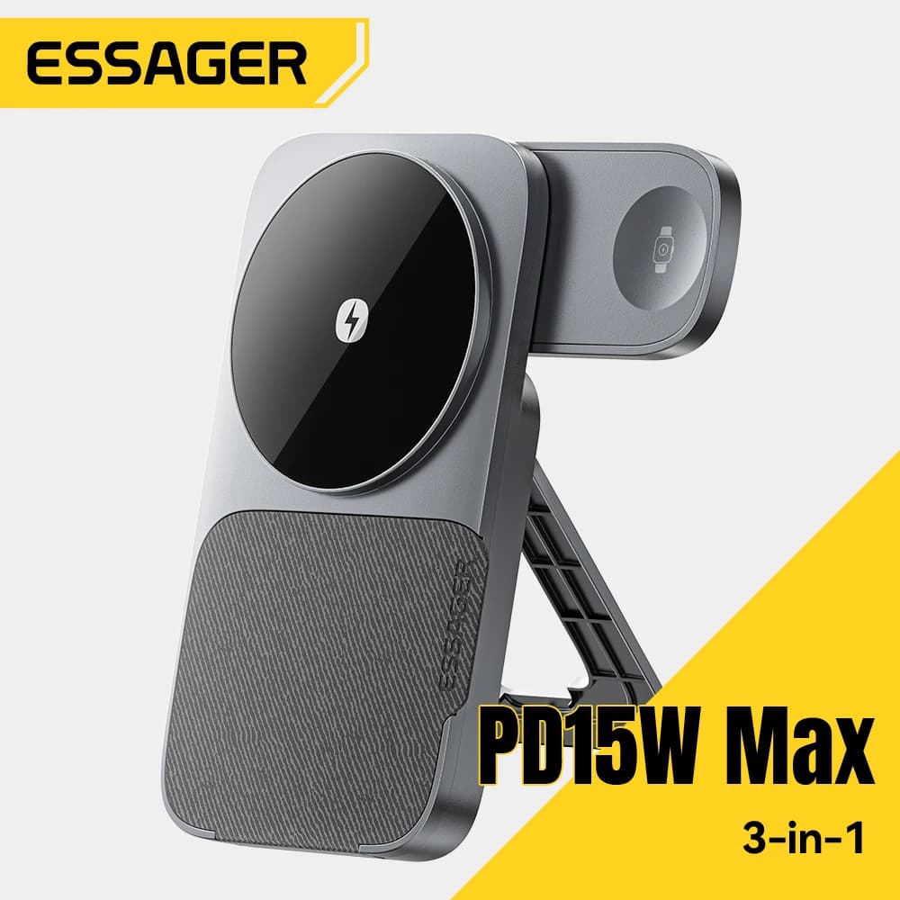 Essager Portable Foldable Wireless Charger 3 in 1 Magnetic 15 W for iPhone 1716/15 AirPods Apple Watch MagSafe Fast Charging