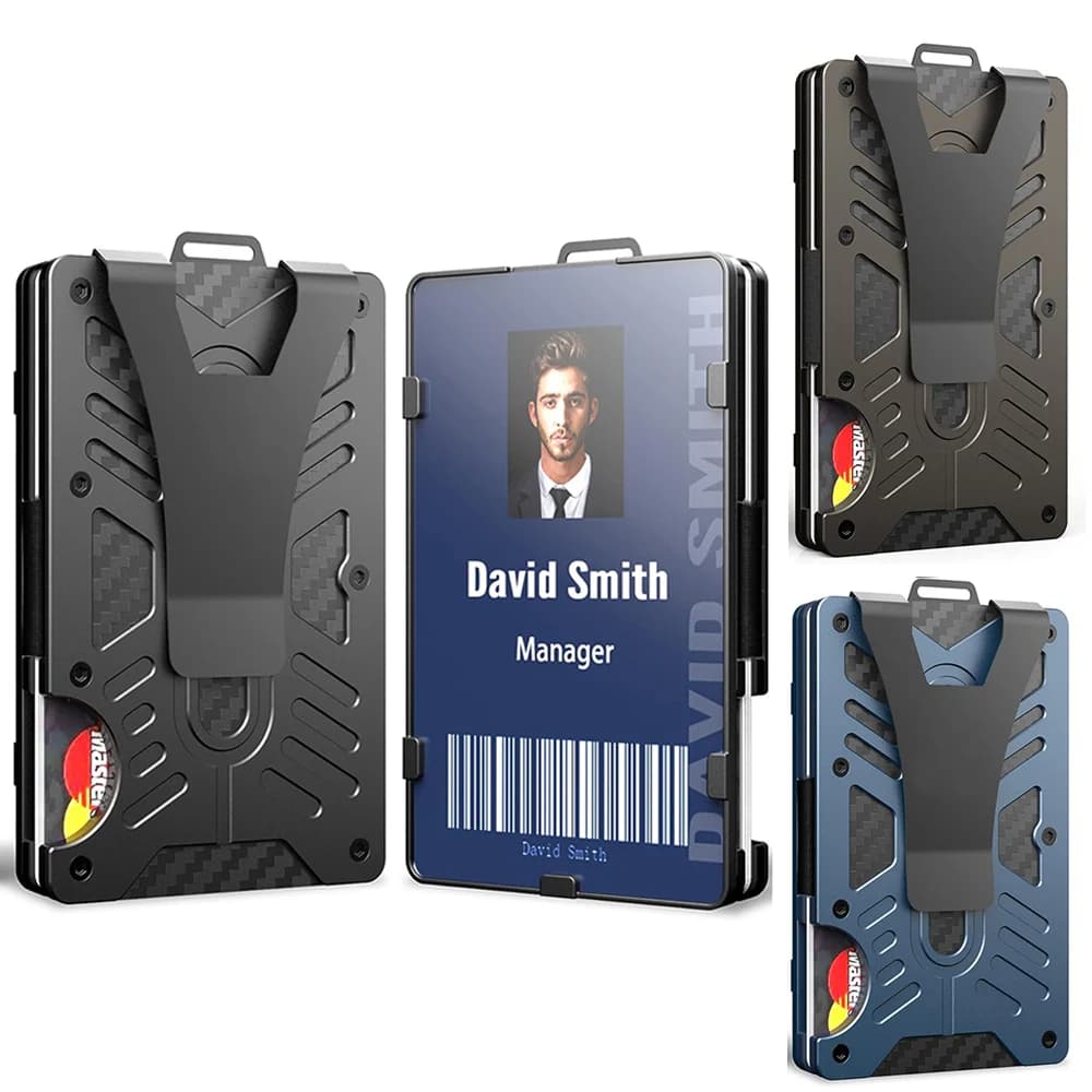 Portafoglio in metallo di alluminio con porta badge trasparente Porta carte di credito con blocco RFID con fermasoldi