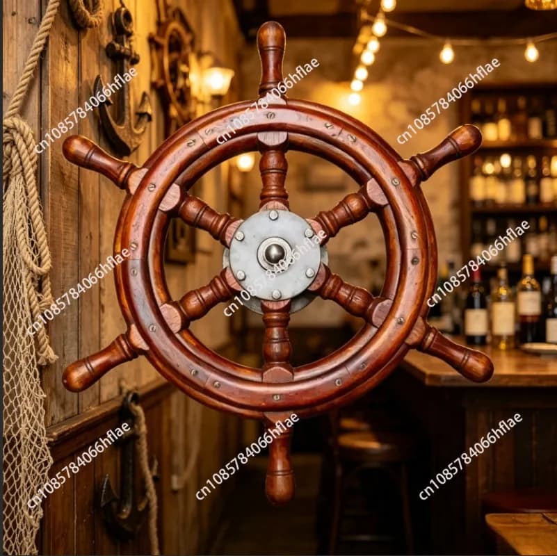 Old Shipyard Wooden Rudder Pilot Pendulum, 55CM Retro Ship Wheel Wall Hanging Mediterranean Bar Decoration