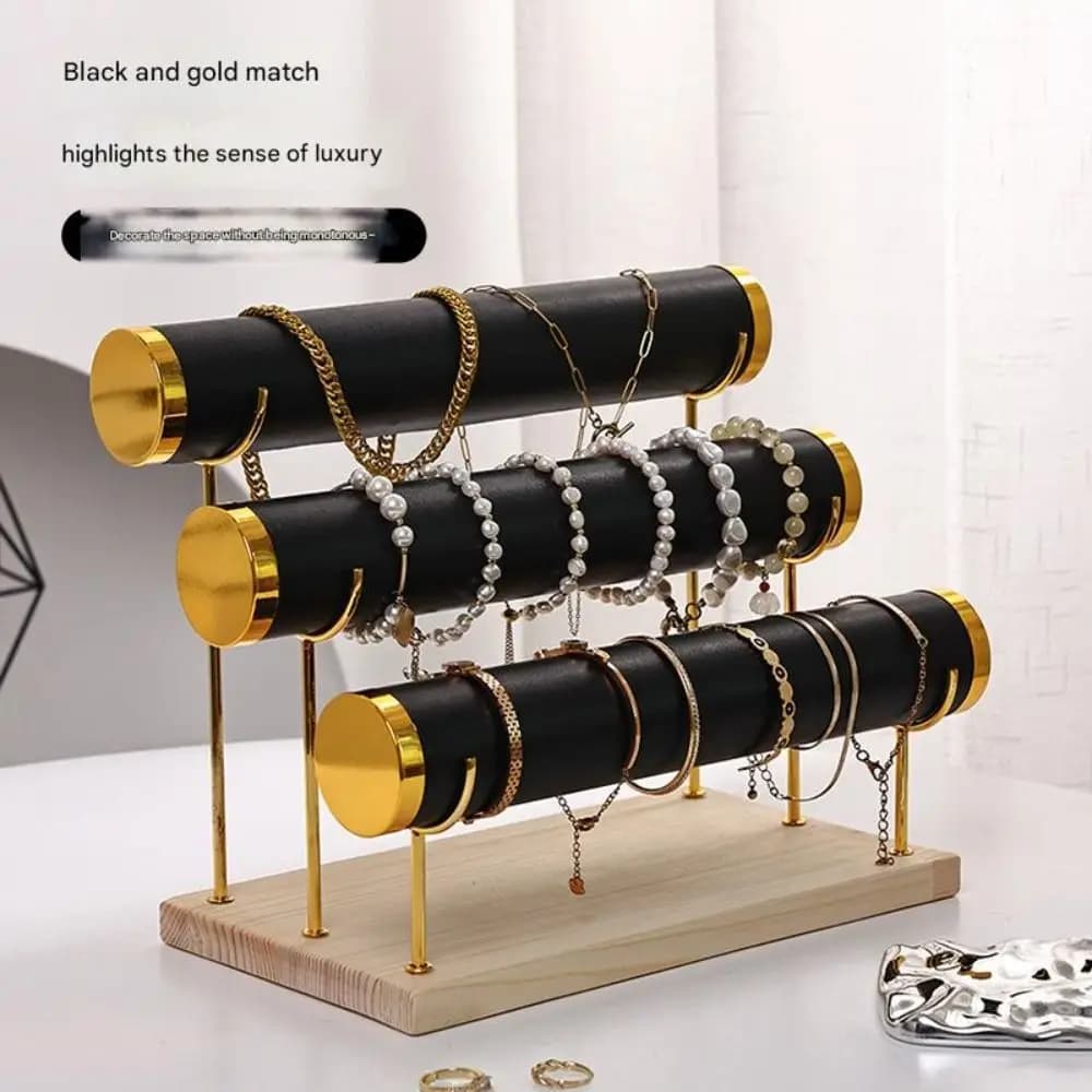 Upgraded 3 Tier Bracelet Organizer Stand Metal Wooden Necklace Storage Rack Detachable Flannel Wrap Watch Holder Women