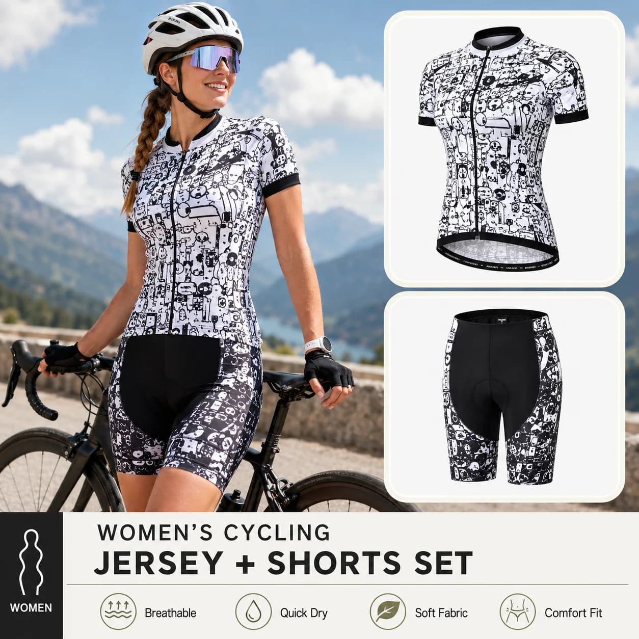 Women's Cycling Jersey Set Short Sleeve Padded Shorts Quick Dry Breathable MTB Road Bike Racing Summer Sportswear