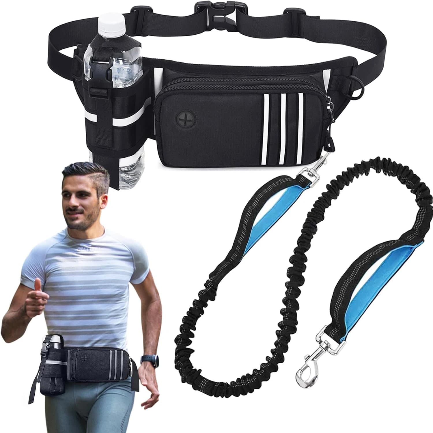 Hands Free Dog Leash Running Leash Waist Belt with Zipper Pouch Dual Handle Bungee Reflective for Small Medium Large Dogs