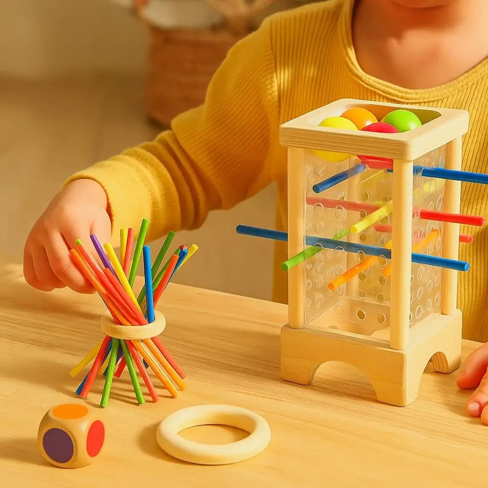Gioco da tavolo con bastoncini di legno a 4 facce Giocattoli educativi Abilità motorie fini Gioco con gocce di palline Montessori Bastoni colorati classici