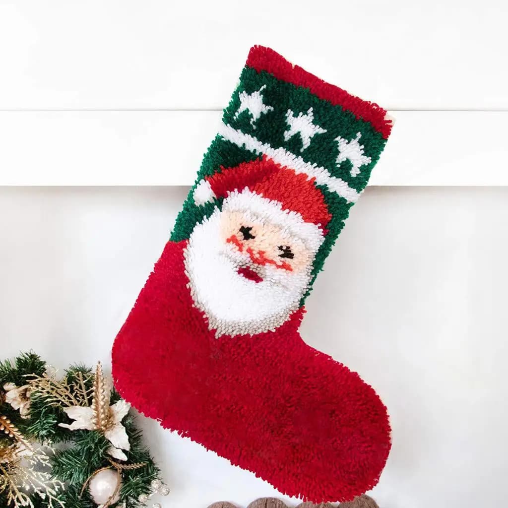Latch Hook Rug Kit Holiday Sock Motif Blank Canvas with Red Grid Handmade Needlework Supplies DIY Cushion Carpet Home Craft
