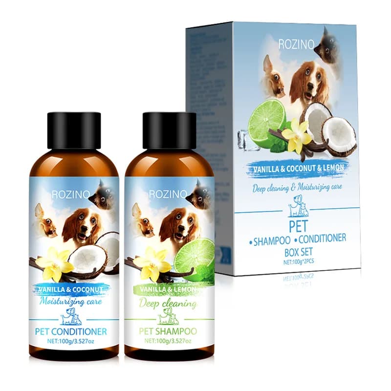 Kit per toelettatura animali domestici 100g Shampoo al limone + 100g Balsamo al cocco, Deodorante Fragranza a lunga durata per cani e gatti