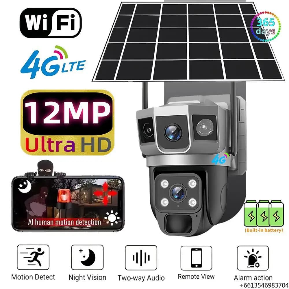 Telecamera di Sicurezza Solare Regis 4G con Scheda SIM, IP WIFI CCTV, 12MP, Doppia Lente, 3 Schermi, PTZ, Tracciamento Automatico, 6K, V380 Pro