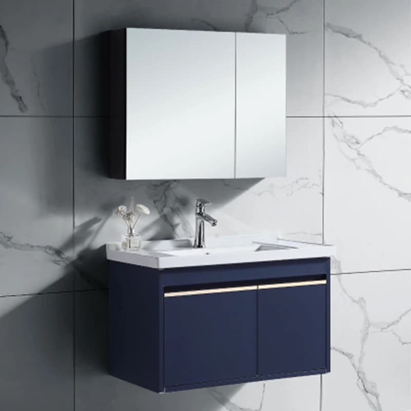 Elegante montaggio a parete, specchio da bagno blu fantasia, specchio a LED sotto il bancone, lavabo in ceramica, armadietto sospeso in acciaio inossidabile