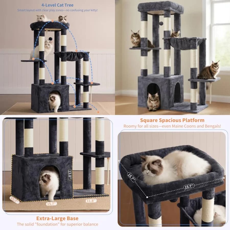 Tiragraffi per gatti resistente, torre per gatti da interno di grandi dimensioni, casetta per gatti con base extra-large, mobile multi-livello con base robusta
