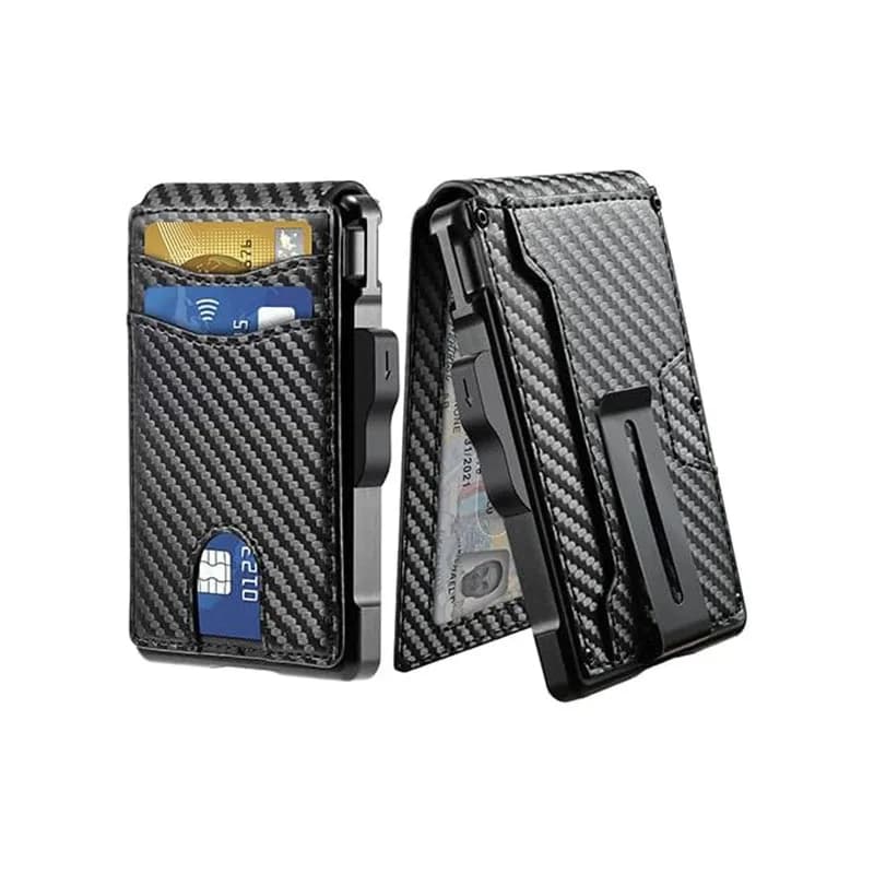 Double Flip Carbon Fiber Black Wallet with Money Clip RFID Anti-Theft Fashion Large Capacity Card Clip Card Holder