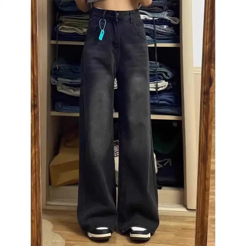 Loose Straight Leg Jeans Women's Slimming High Waist Wide Leg Pants Autumn New Style for Pear Shaped Body Black Grey Denim
