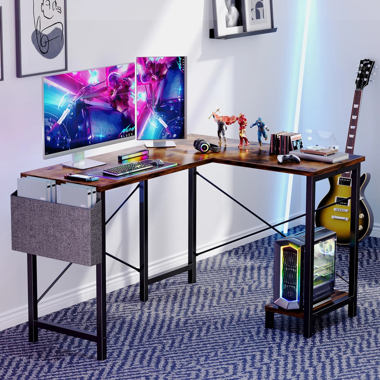 MCQ 50 Inch L-Shaped Office Computer Desk with Wooden Desktop Reversible Gaming Corner Table for Home Office Use with Side Bag