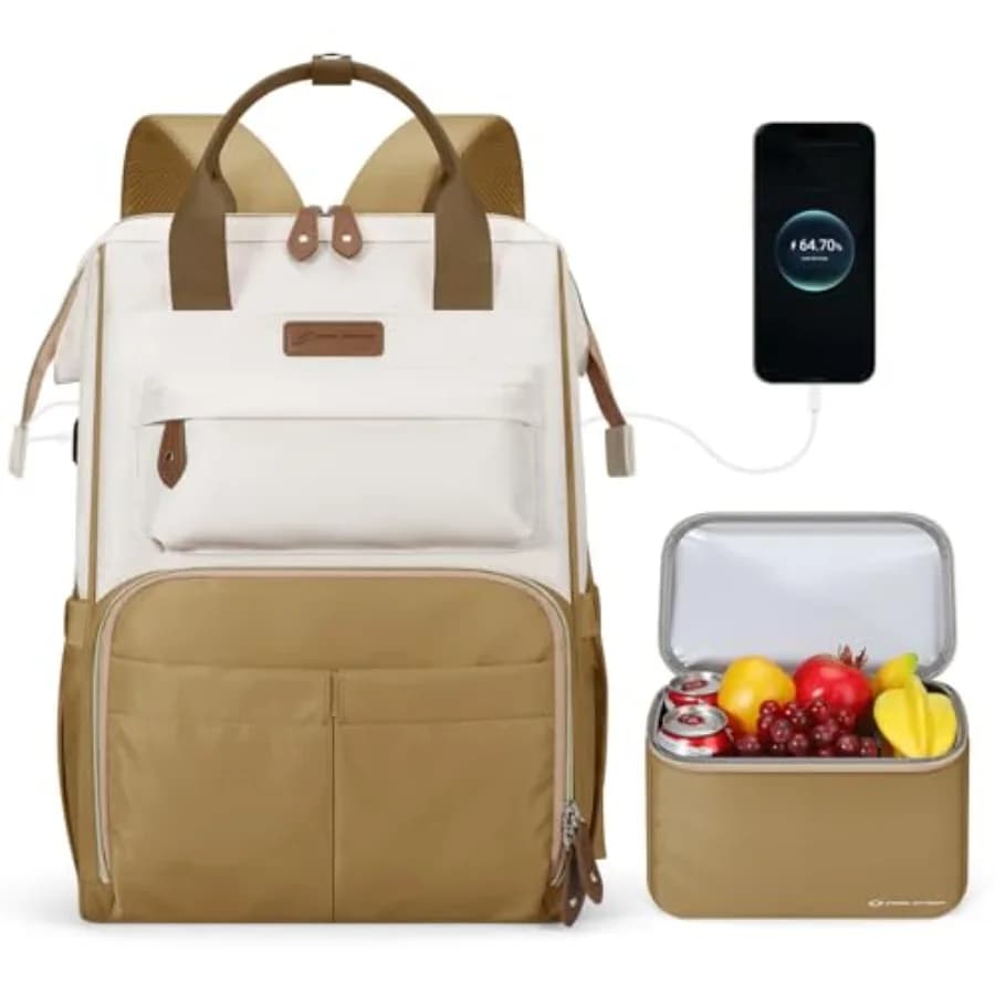 Travel backpack for women and men, laptop backpack compatible with laptop 15.6-17.3 inch, work bag for nurses with thermal bag for lunch, beige kaki