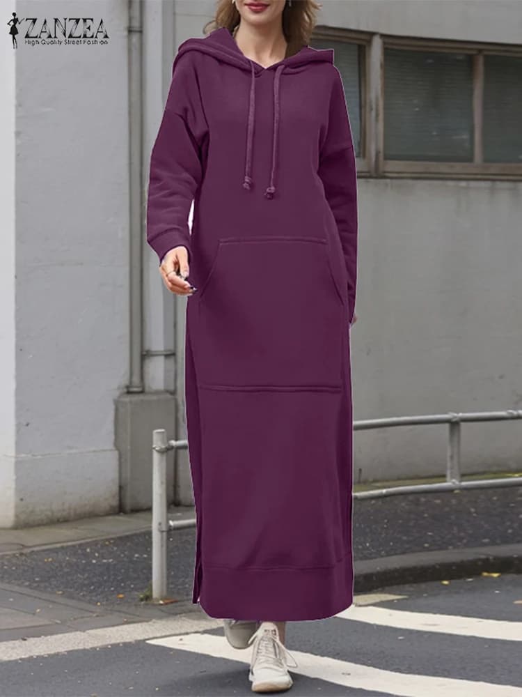ZANZEA Plus Size Felpa a maniche lunghe Abito Donna Autunno Solido Casual Allentato Felpe con coulisse Abito Streetwear Spacco laterale 5XL
