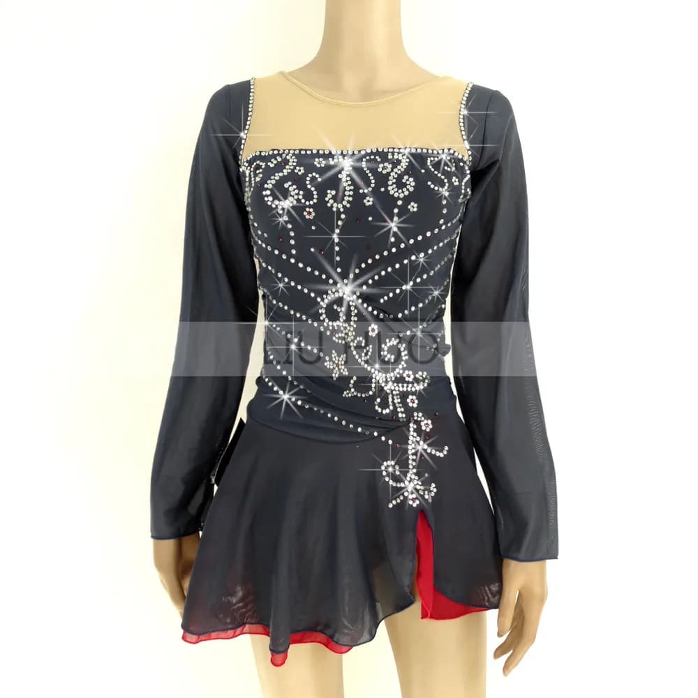 Vestito da pattinaggio artistico su ghiaccio per ragazze da donna, spettacolo da competizione, costume a maniche lunghe, body da ballo, ginnastica ritmica, grigio, per adolescenti