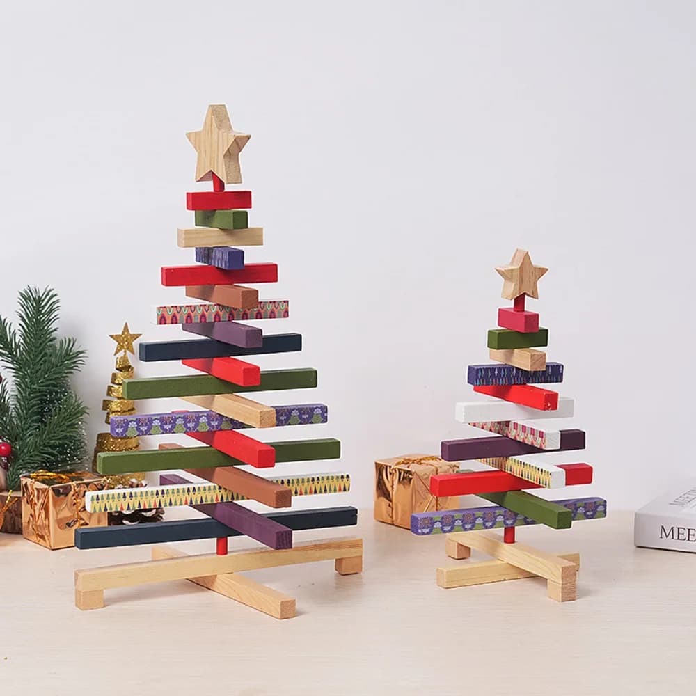 Figurina per albero di Natale in legno Girevole Albero di Natale 3D Ornamento da tavolo Stile rustico Regalo per albero di Natale salvaspazio