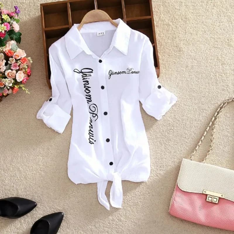 Camicette casual da donna primavera estate Camicie da donna Manica lunga Colletto rovesciato Papillon Decor Camicie basic larghe Top