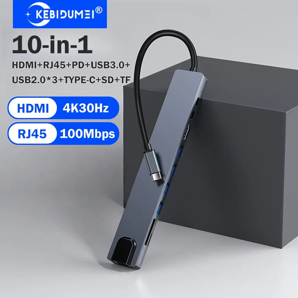 KEBIDUMEI Hub USB 3.0 10-in-1, Docking Station USB C, Adattatore Type C a HDMI/RJ45/PD/TYPE-C/USB/SD/TF, Splitter USB