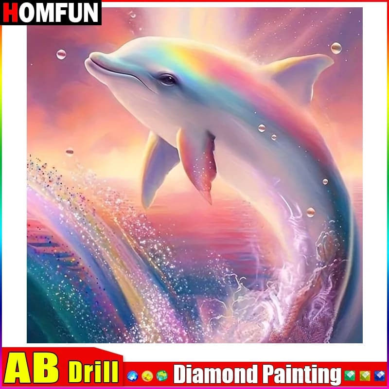 HOMFUN AB Ricamo pieno di diamanti "Animal Dolphin" Pittura diamante Modelli punto croce Strass Decorazioni per la casa incompiute