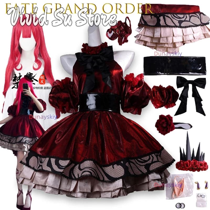 Costume Cosplay Baobhan Sith Fairy Knight Tristan FGO, Red Lolita Dress with Crown for Halloween and Winter Festival