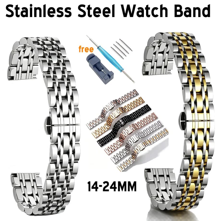 Stainless Steel Solid Seven Beads Watch Band 14 16 18 20 22 24mm Wristwatch Bracelet Butterfly Clasp Metal Watch Strap with Tool