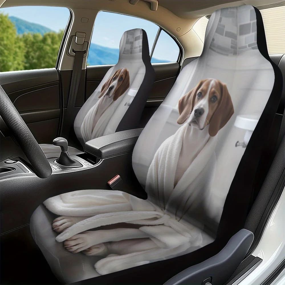 2pcs, Stylish Dog In Bathrobe Pattern Car Seat Covers, Fit For Front Seats Of Car, SUV, And Truck, Keeps Front Seats Clean Duri