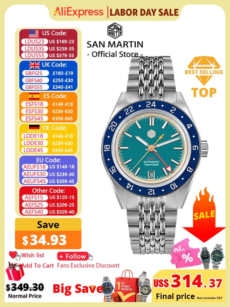 San Martin Design originale moda GMT 39.5mm orologio sportivo da uomo Giappone NH34 meccanico automatico impermeabile 100m SN0116 Reloj