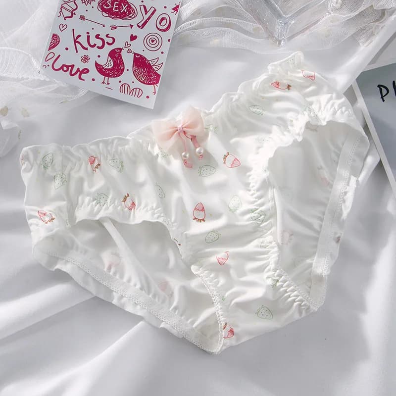 Women's Cute Strawberry Print Panties Mid-Rise Ruffle Bow Briefs with Pearl Kawaii Sweet Lace Underwear Soft Breathable Princess