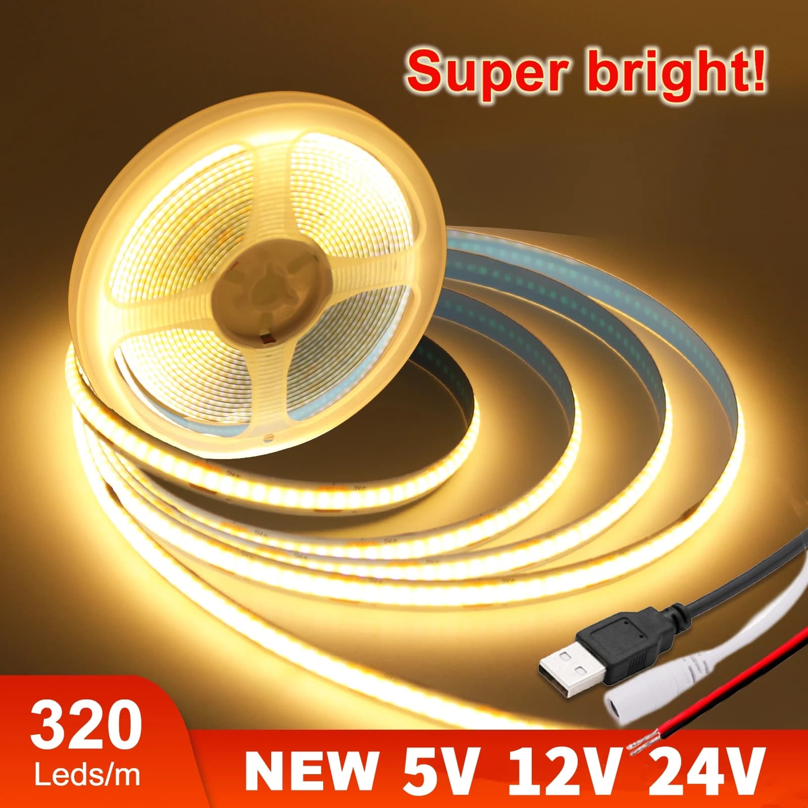 5V 12V 24V COB LED Strip 320Leds/M larghezza 8MM ad alta densità RA90 Warm Nature Cool White nastro flessibile nastro luce lineare dimmerabile