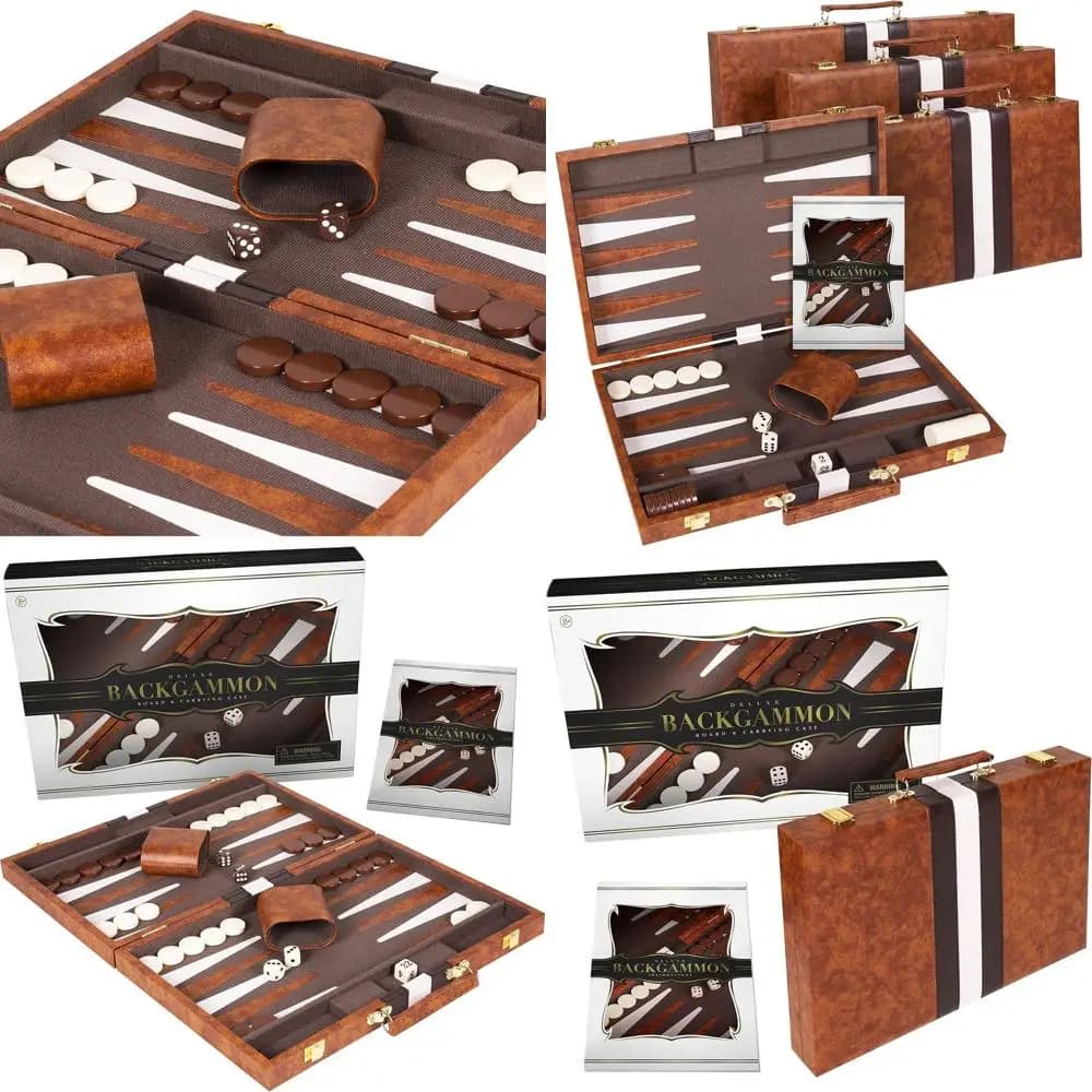 Set da backgammon Deluxe in similpelle marrone da 18 pollici per adulti e bambini - Gioco da tavolo da viaggio con accessori