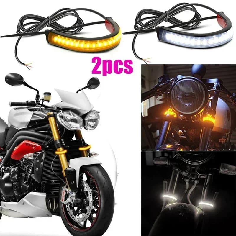 2 Pezzi Indicatori di Direzione Moto a LED, Strisce Luminose DRL Ambra Bianche, Anello LED Lampeggiante per Forcella, Lampada a Striscia Lampeggiante 12V