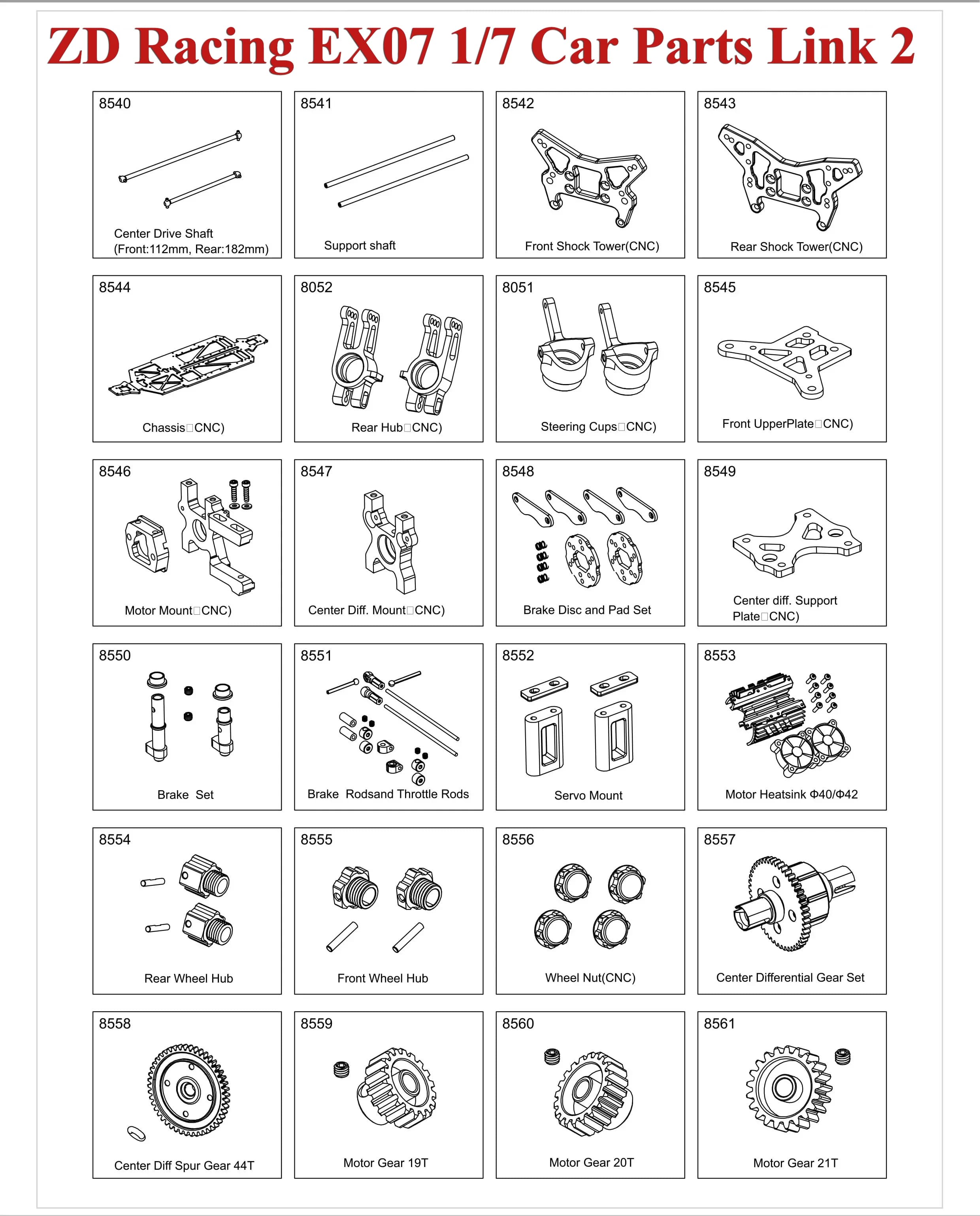 ZD Racing EX07 1/7 RC Auto Pezzi di Ricambio Albero Motore Chassic Shock Tower Mozzo Ruota Differenziale Sterzo Tazza Ingranaggio Motore Link 2