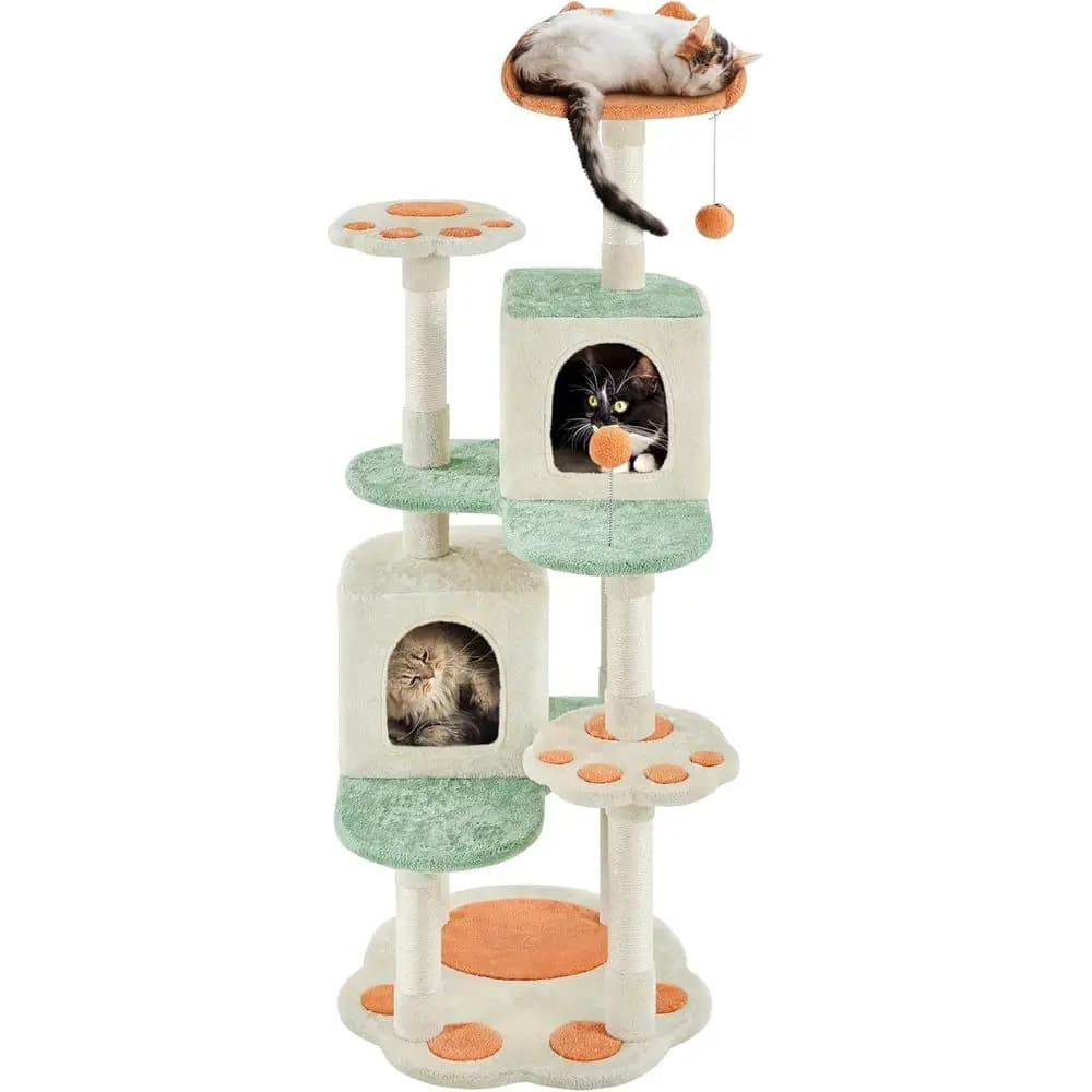 Albero per Gatti Multifunzionale 57.5 con Piattaforme a Forma di Zampa, Tiragraffi, 2 Casette e Palline Pendenti per Gatti da Interno
