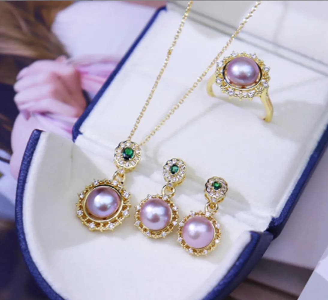 Collana con pendente di perle viola naturali 18KGP da 7-9 mm + orecchini + set di anelli AAA