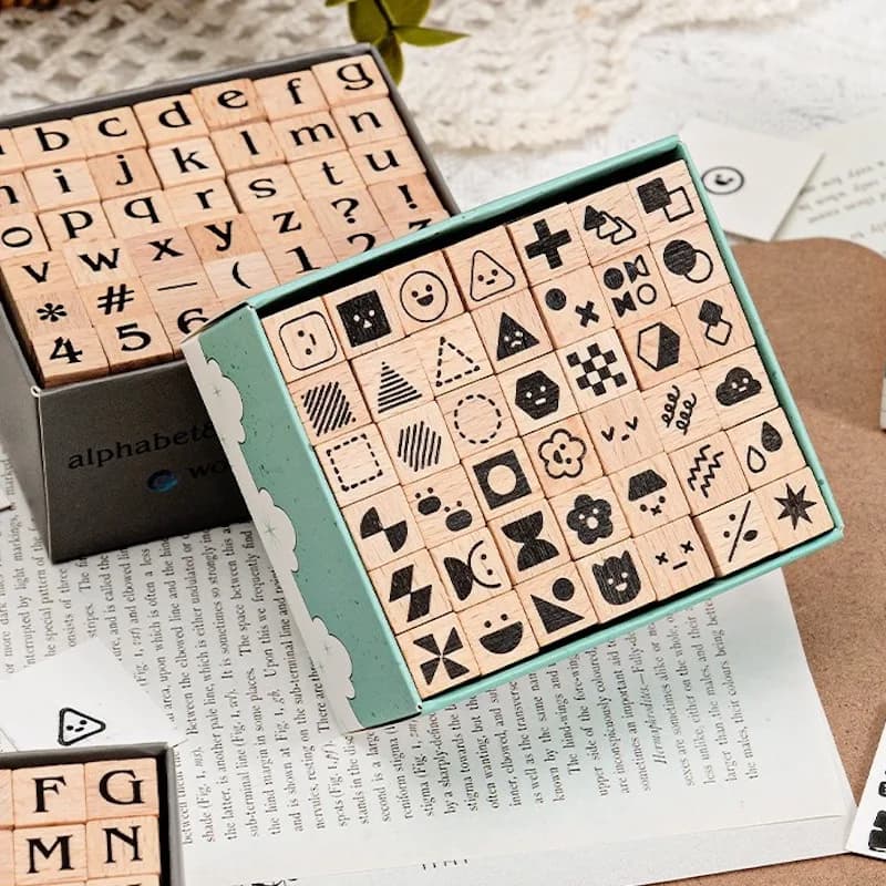 Cute Geometric Figure Wood Stamps Set for Diary Journaling Scrapbooking - Decorative Life Sign & Weather Symbol Letter Stamps