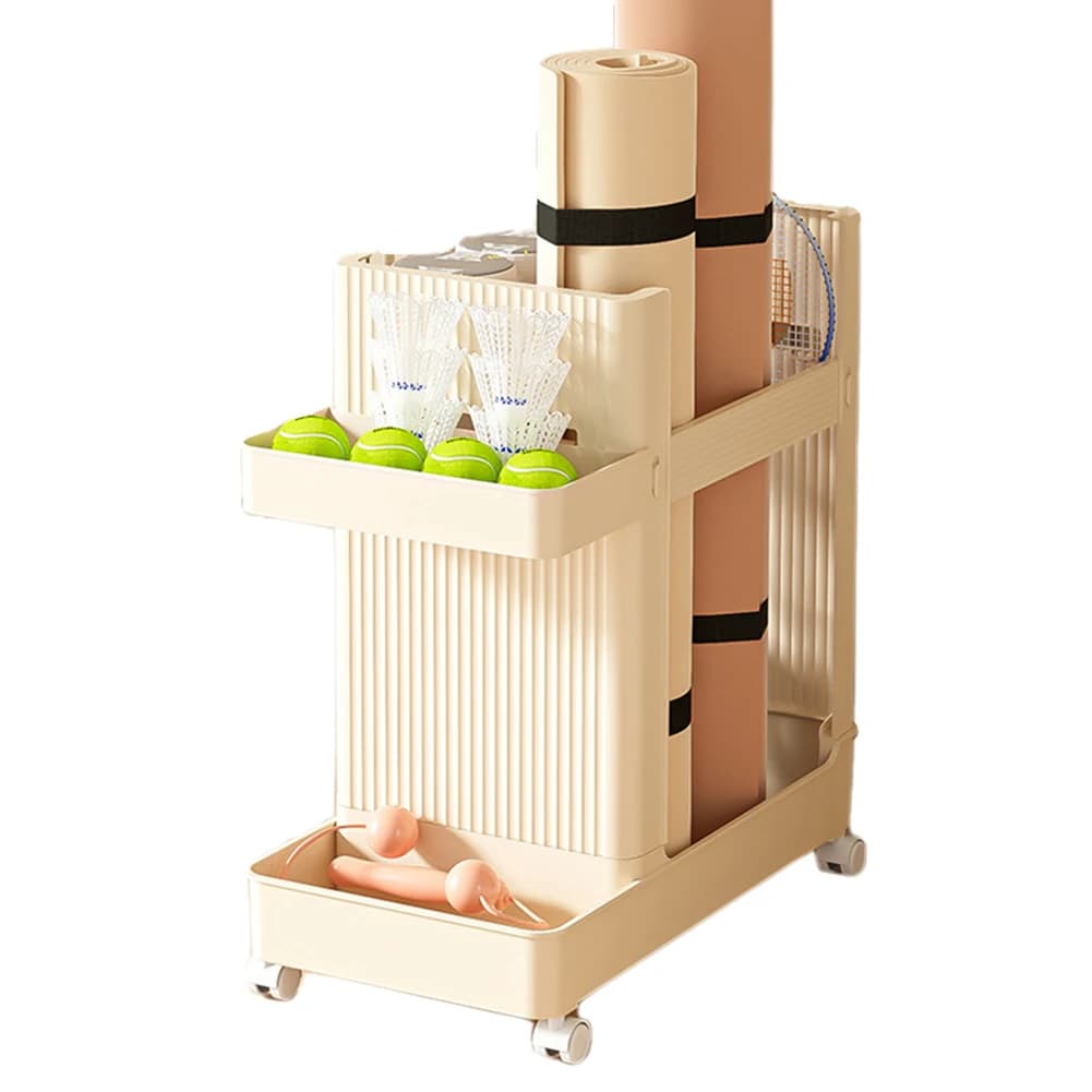 Gym equipment holders with Wheels, Sports Equipment Storage Shelf, Yoga Mat Holder, Fitness Equipment Organizer