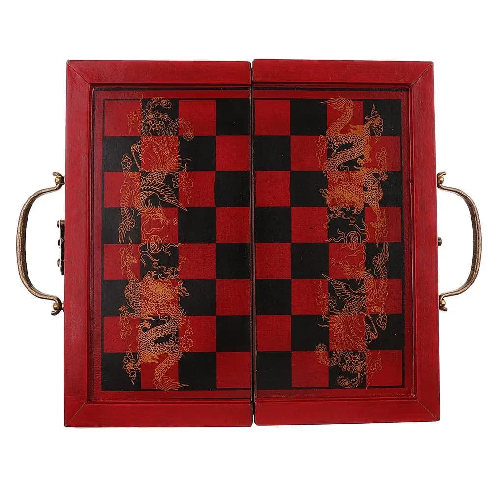 Antique Portable Chess Box Resin Terra Cotta Warriors Three Dimensional Chess Pieces Wood Folding Antique Chess Board