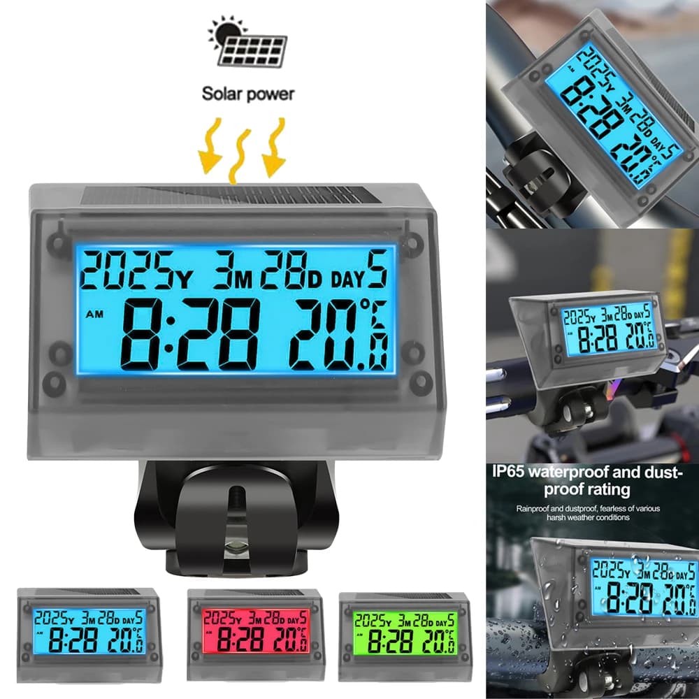 Orologio per moto a energia solare Display LCD retroilluminato Termometro elettronico Orologio per auto Data Ora Accessori per moto impermeabili
