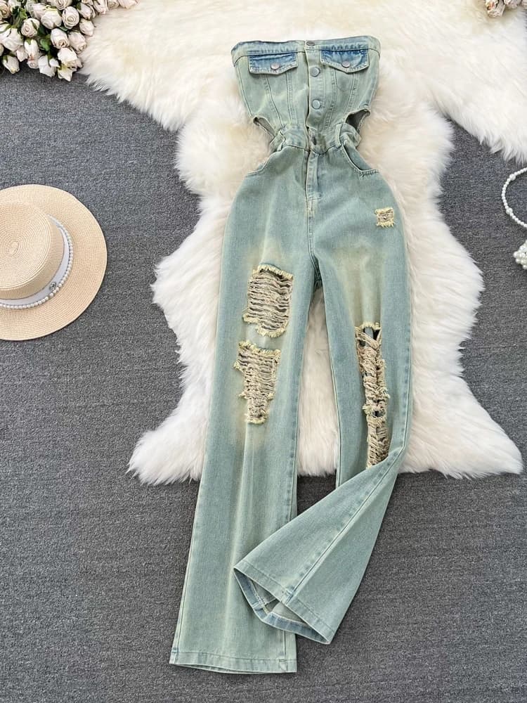 Pantaloni Larghi in Denim a Vita Alta Stile Americano Vintage Estivo, Pantaloni Casual da Donna con Vita Scoperta Effetto Snellente