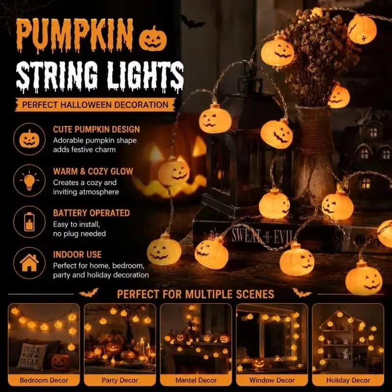 Halloween Pumpkin LED Light String Battery Powered Suitable for Indoor Parties Bedroom Window Lighting Festival Decoration