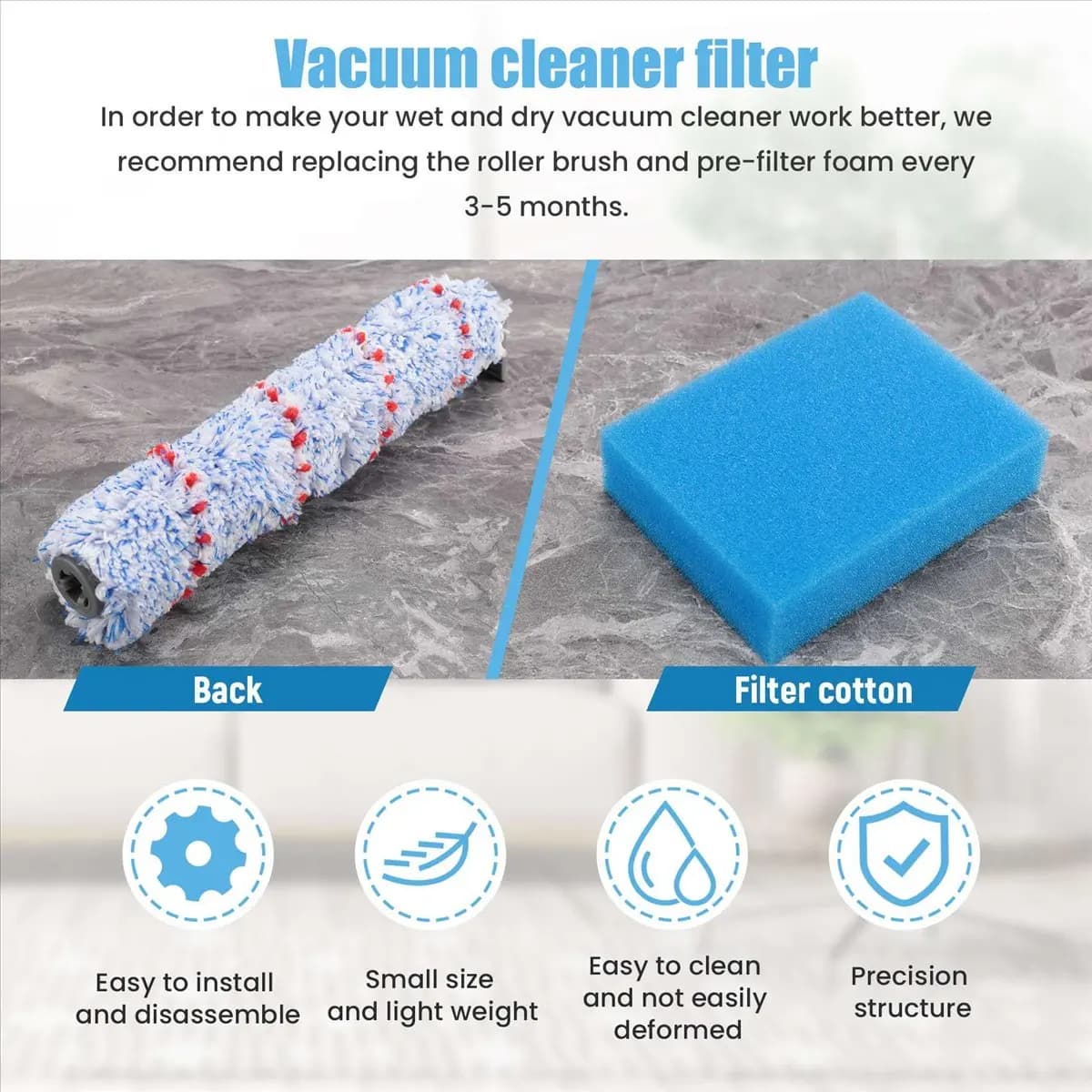 Filter brush roller and spare pre-filter foam for Tineco IFloor HF10E-01 Cordless Wet Dr
